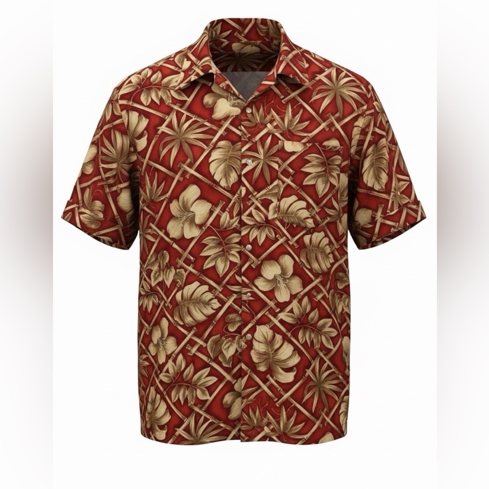Vintage Hawaiian Size L Campia Red Hibiscus and Palm Leaves Rayon Shirt